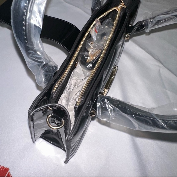 Black Faux Patent Leather Convertible Top Handle Swing Bag - Picture 12 of 13